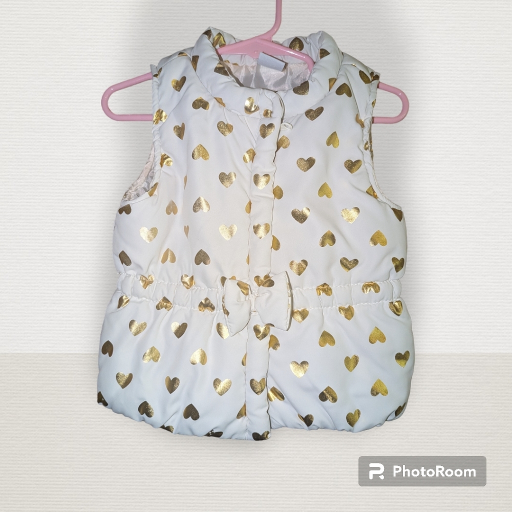 Heathtex Baby Off White Sleeveless Puffer Vest w Gold Hearts, Size 24M